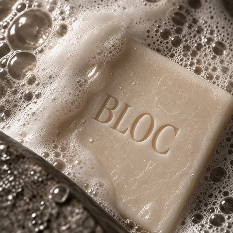 Close-up of a BLOC bar with its embossed name, surrounded by lather.