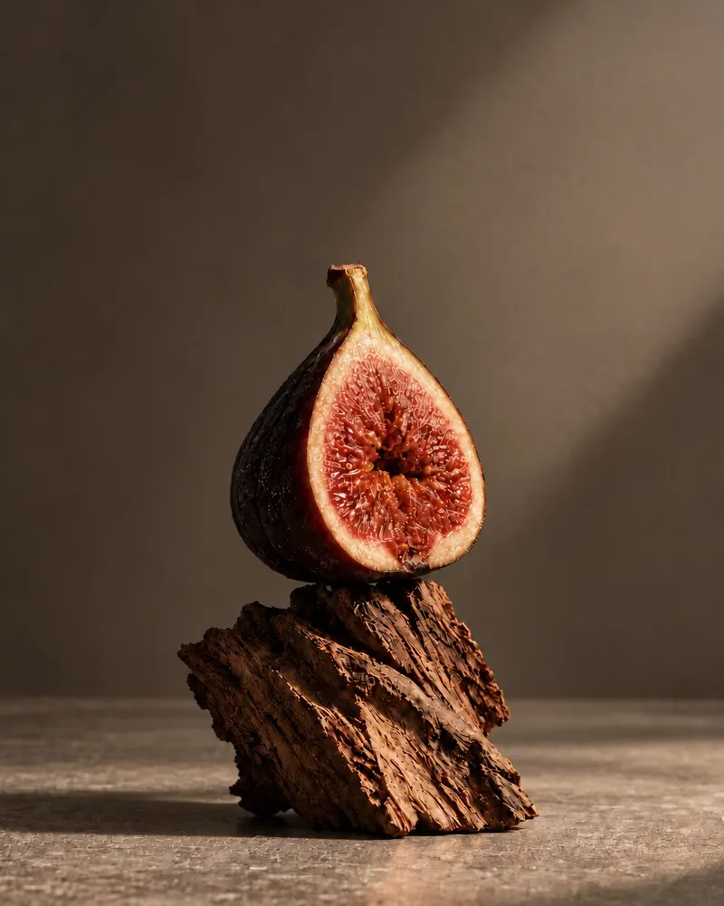 A halved fig resting on a piece of bark.