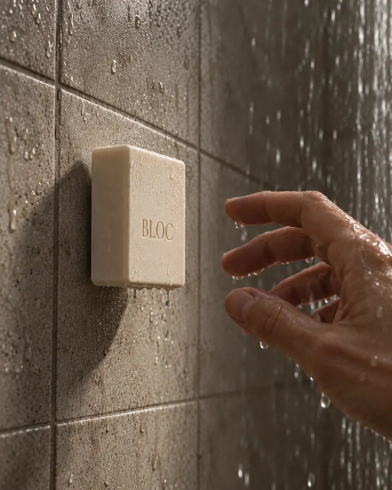 A wet hand reaching towards a BLOC bar on a tiled shower wall.