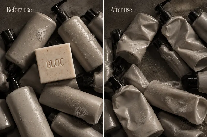 Before use: a BLOC bar resting on a pile of full plastic shower-gel bottles. After use: the same bottles, crushed and empty.